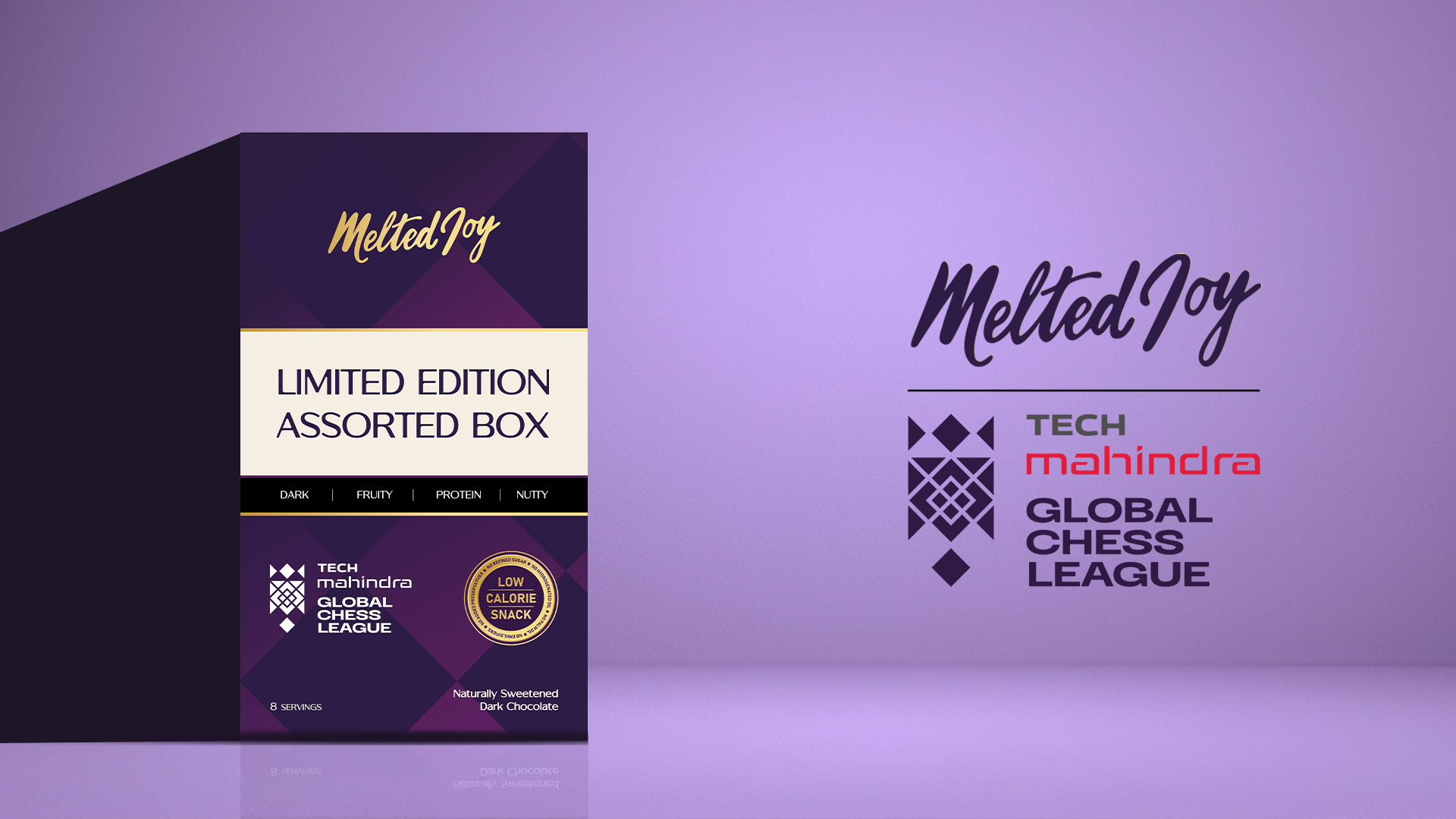 Melted Joy chocolate box with Tech Mahindra Global Chess League branding on a purple background
